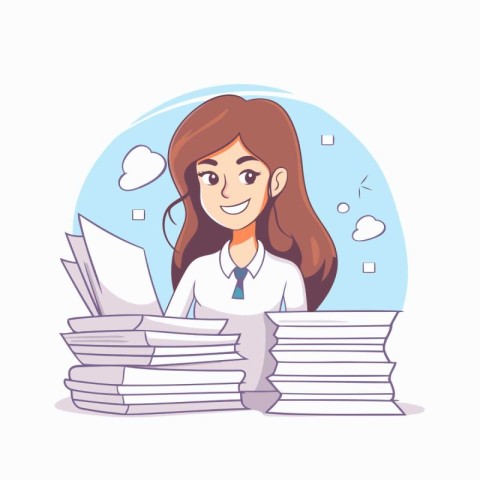 Businesswoman with pile of documents. Vector illustration in car