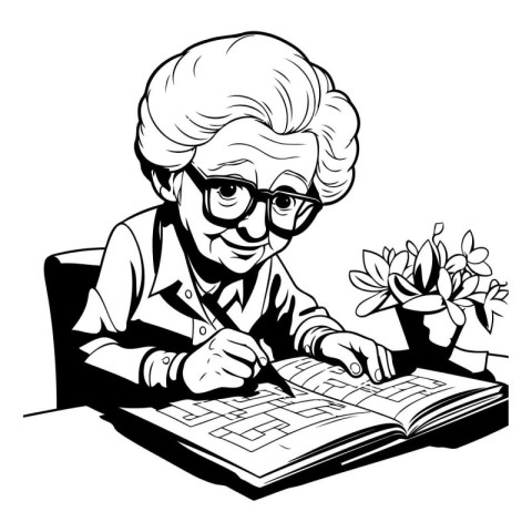 Elderly woman reading a book - black and white vector illustrati