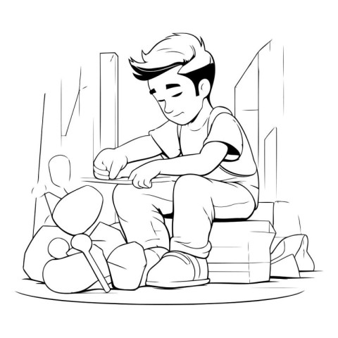 Young man sitting on a pile of boxes. Vector illustration in bla