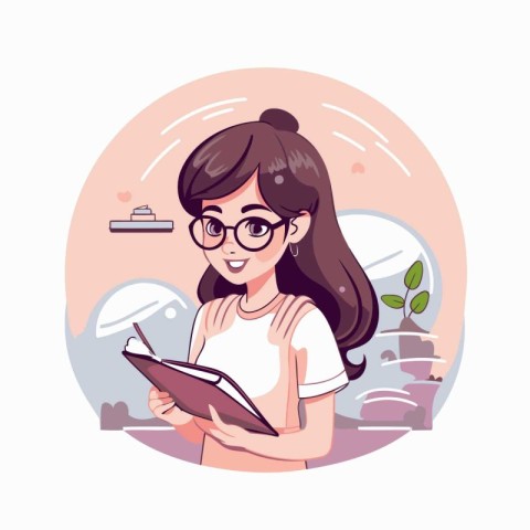 Girl in glasses with a book. Vector illustration in cartoon styl