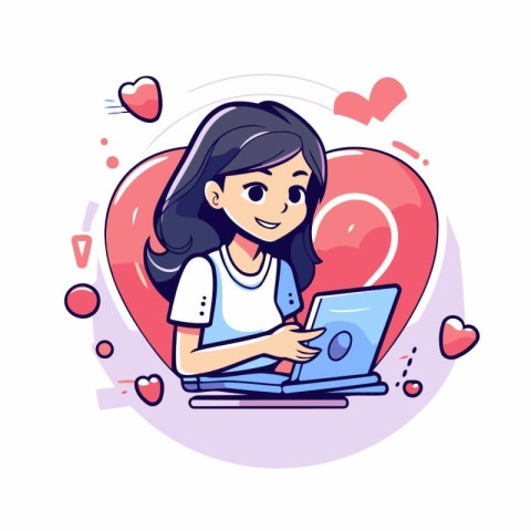 Girl with laptop and hearts. Vector illustration in flat cartoon