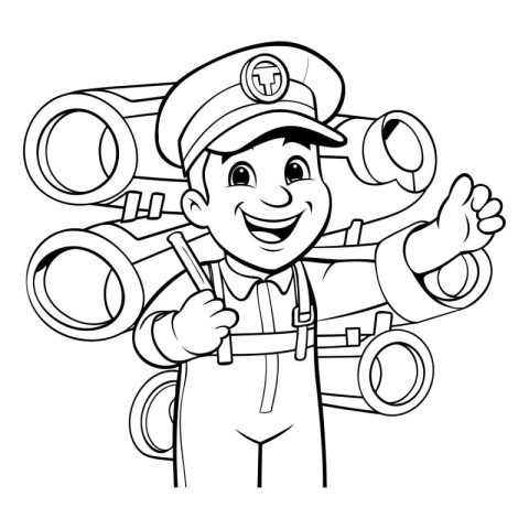 Black and White Cartoon Illustration of Male Plumber or Mechanic