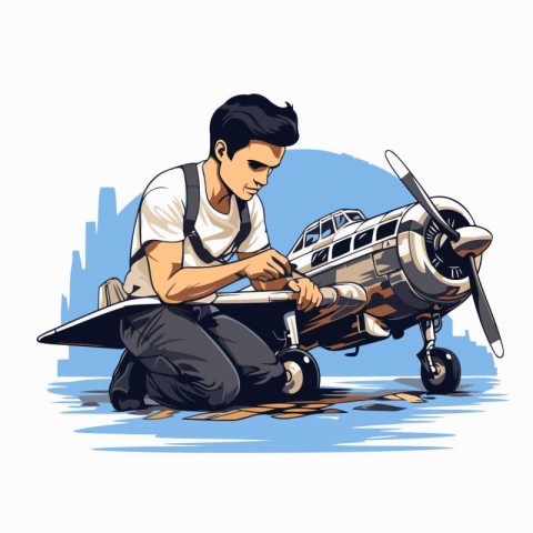 Illustration of a pilot sitting on the ground and repairing his