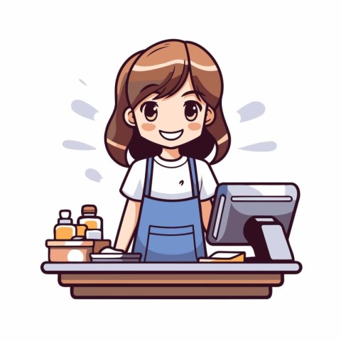 Cute little girl working at the bakery. Cartoon vector illustrat