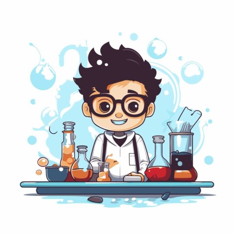 Cartoon scientist in lab coat and glasses with test tubes. Vecto