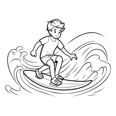 Boy riding a surfboard on a wave. Black and white vector illustr