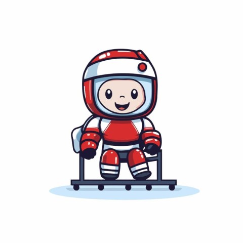 Cute astronaut in helmet standing on a ladder. Vector illustrati