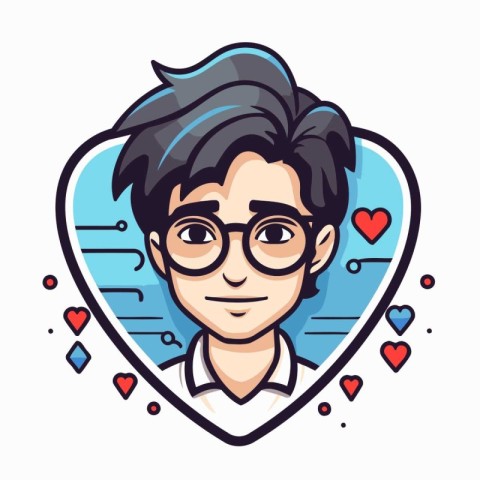 Young man with glasses in heart-shaped frame. Vector illustratio