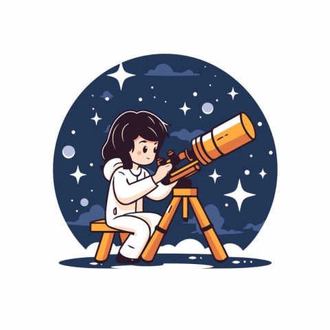 Cute little girl looking through a telescope. Vector illustratio