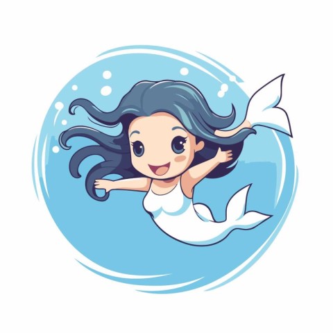 Cute little mermaid with long hair. Cartoon vector illustration.