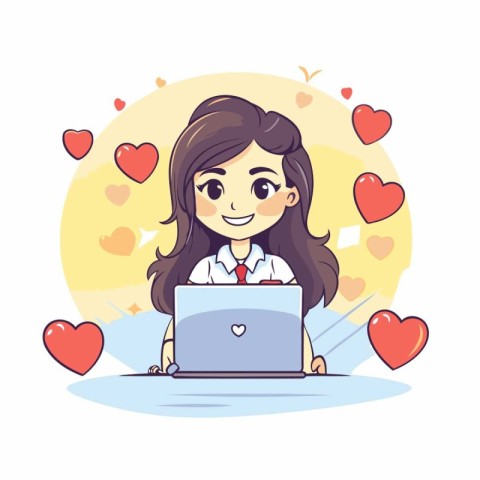 Cute girl working on laptop with hearts around her. Vector illus