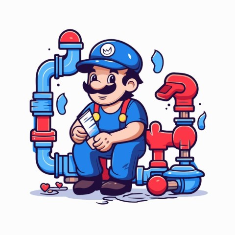 Plumber with a pipe in his hand. Cartoon vector illustration.