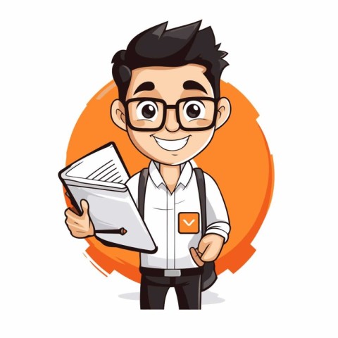 Cute boy cartoon character with glasses holding a book. Vector i