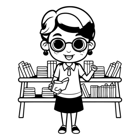 cute little student boy with bookshelf and glasses vector illust