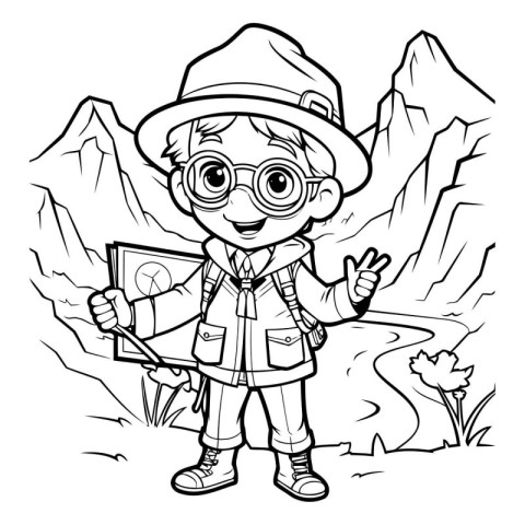 Black and White Cartoon Illustration of Kid explorer or explorer