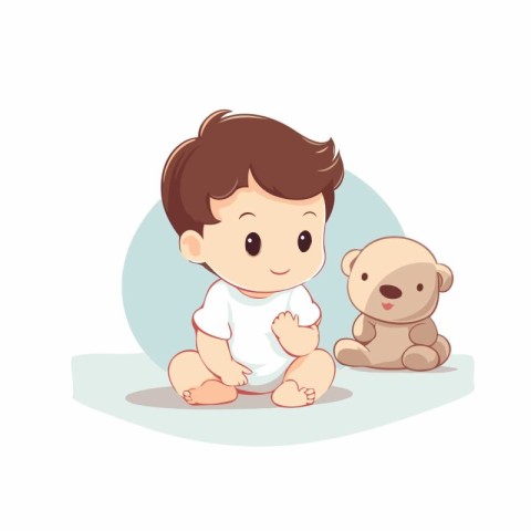 Cute little baby boy sitting with teddy bear. Vector illustratio