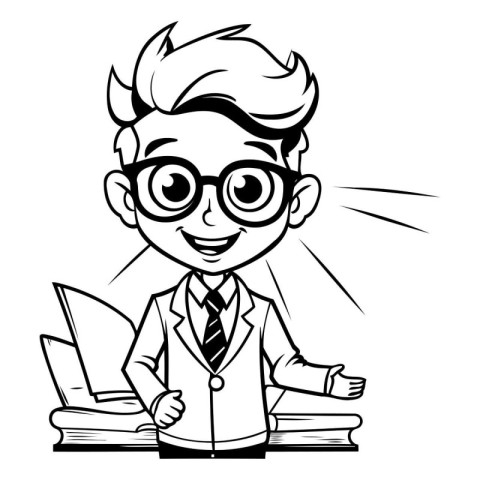 Teacher - Black and White Cartoon Illustration of Teacher with B