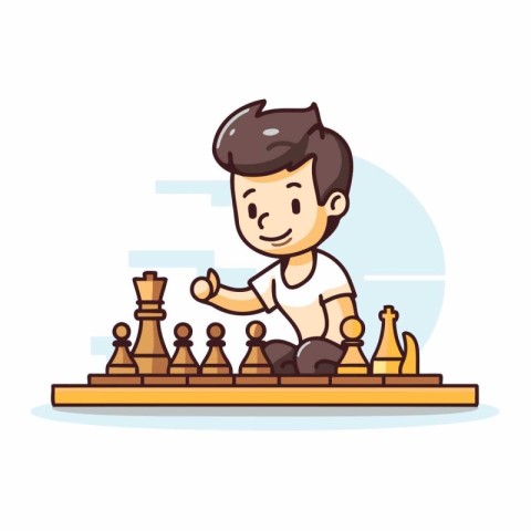 Boy playing chess vector illustration. Cartoon boy playing chess