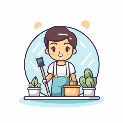 Cute boy doing housework. Vector illustration in cartoon style.