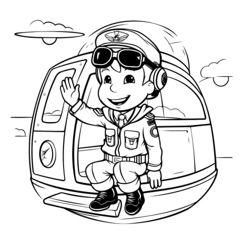 Black and White Cartoon Illustration of Kid Pilot Character Wavi