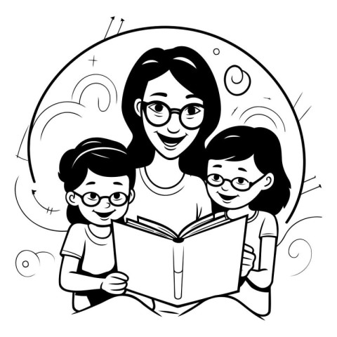 Mother and children reading a book. Black and white vector illus