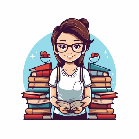 Young woman reading a book. Vector illustration in cartoon comic