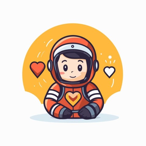 Cute astronaut boy in space suit with heart. Vector illustration