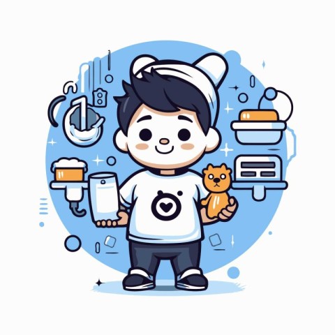 Cute little boy holding a teddy bear. Vector illustration.