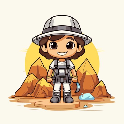 Cute astronaut in the mountains. Vector illustration of a cartoo