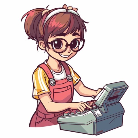 Cute little girl in glasses using a cash register. Vector illust