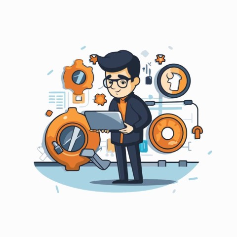 Businessman with laptop and gear. Vector illustration in cartoon