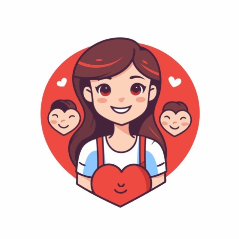 Cute cartoon girl with red heart in her hands. Vector illustrati