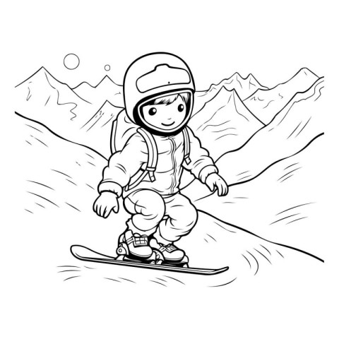 Snowboarder in mountains. Coloring book for children. Vector ill