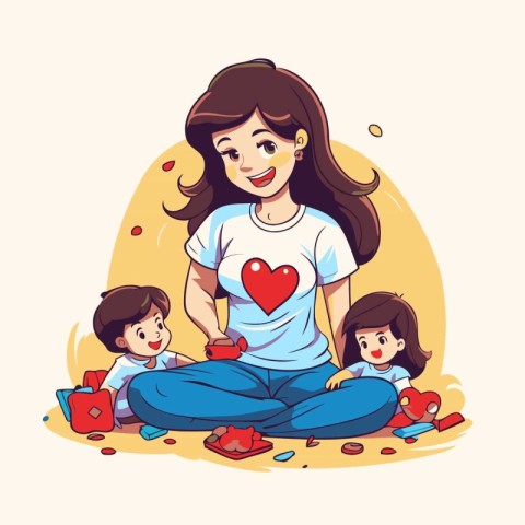 Mother and children playing with toys. Vector illustration in ca