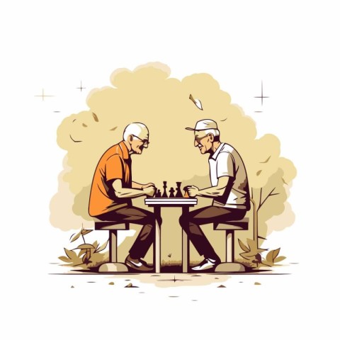 Two old men playing chess in the park. Retro style vector illust