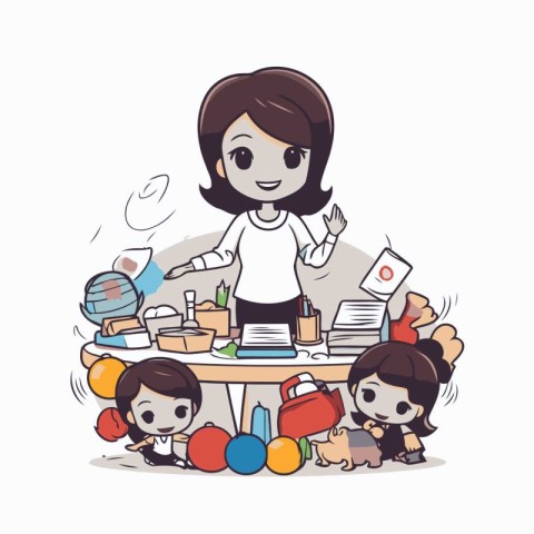 Teacher at the desk with school supplies. Vector illustration in