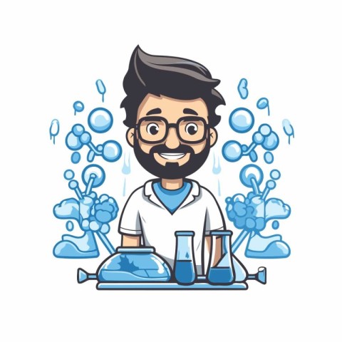 Cartoon scientist with chemical flasks and test tubes. Vector il