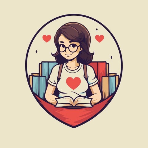 Vector illustration of a girl reading a book in a heart shape.