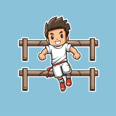 Boy jumping over obstacle cartoon icon. Sport and fitness theme.