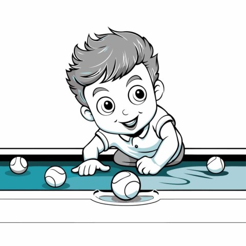 Illustration of a Little Boy Playing Pool Game - Coloring Book