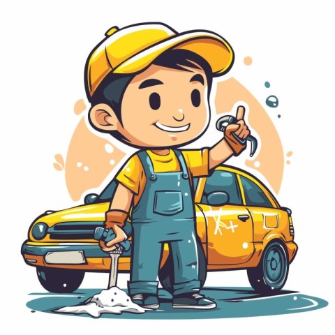 Cute cartoon mechanic standing near his car and showing thumbs u