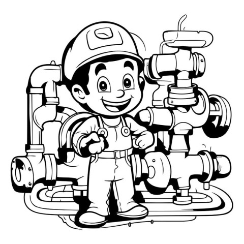 Black and White Cartoon Illustration of a Kid Boy in a Plumber U