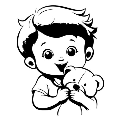 Black and White Cartoon Illustration of a Little Boy Holding a T