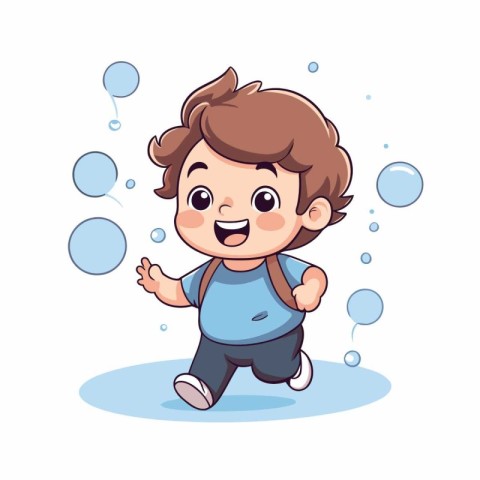 Cute little boy playing with soap bubbles. Vector cartoon illust