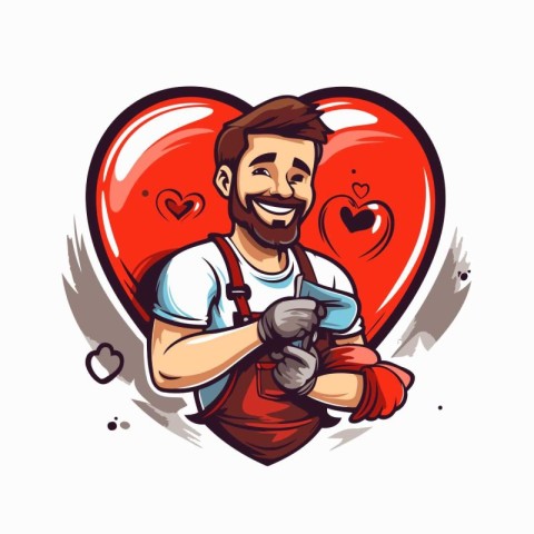 Vector illustration of a man with a beard in apron and gloves ho