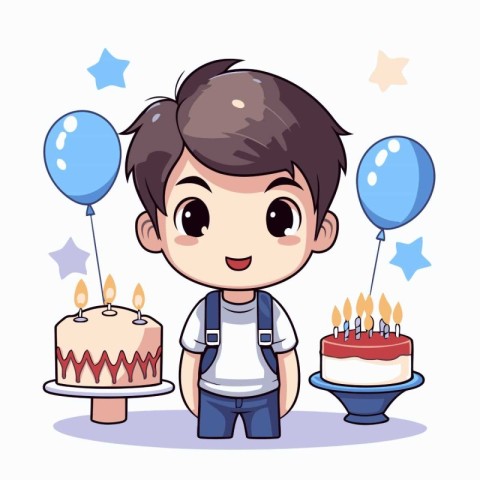 Cute boy cartoon with birthday cake and balloons vector illustra