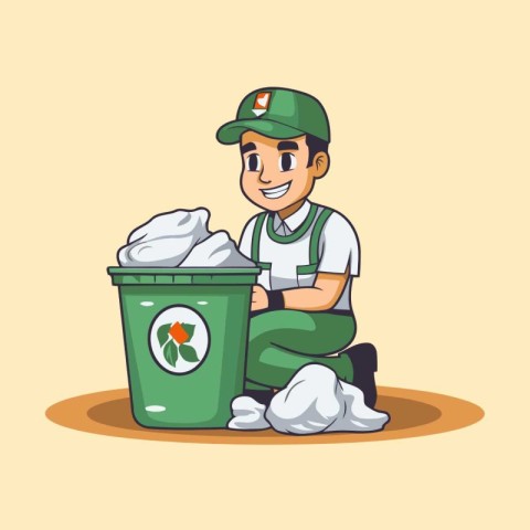 Volunteer with trash bin. Vector illustration in cartoon style.