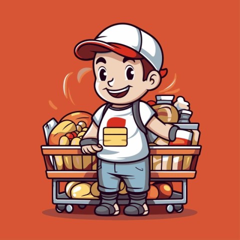 Cartoon boy with shopping cart full of food. Vector illustration