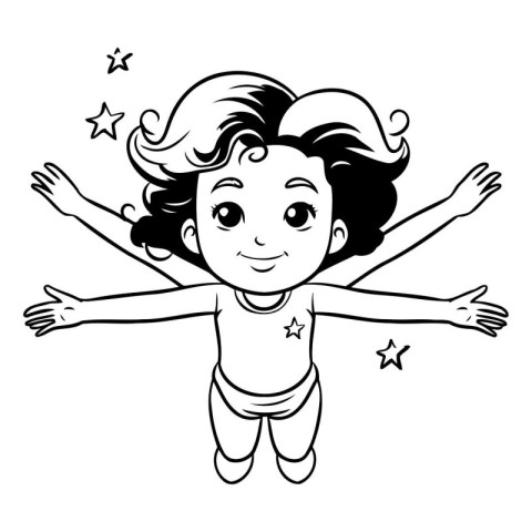 Black and white vector illustration of a happy little girl with