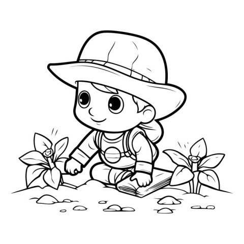 Coloring book for children: Boy with a book in the garden